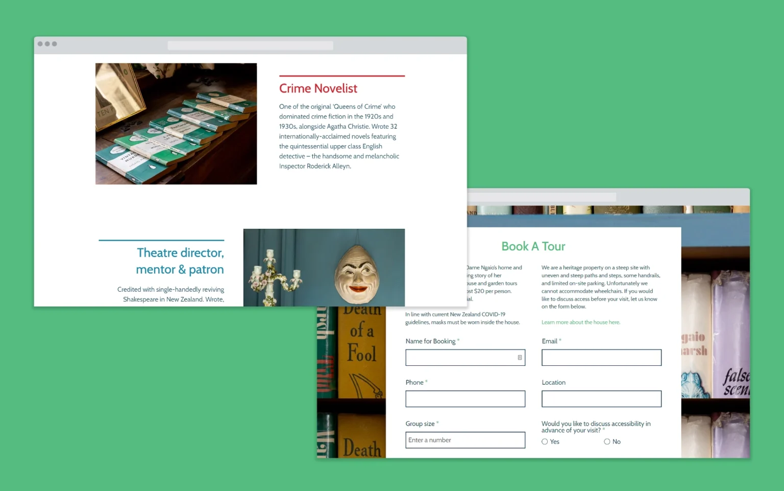 Two views of the Ngaio Marsh House website